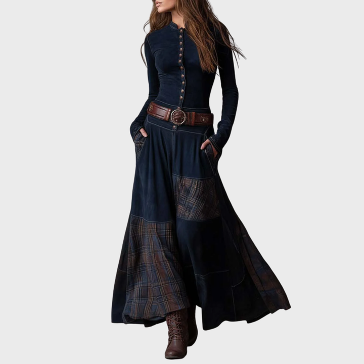 Helena | Námořnicky modré semišové maxi šaty s páskem